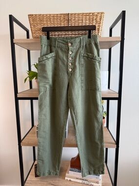 Sundance High-Rise Linen Cotton Straight Leg Button Fly Green Pants, 8